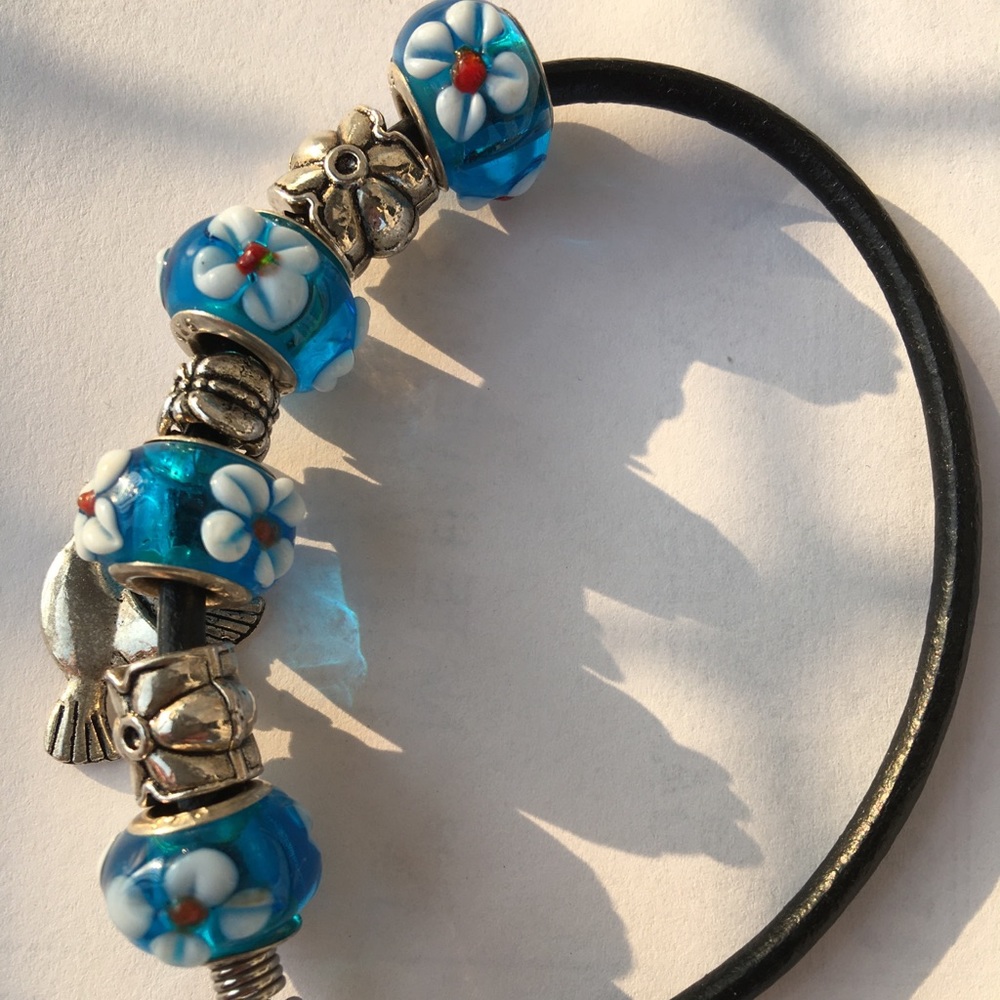 Leather Bracelet with Murano Glass Beads & Dove